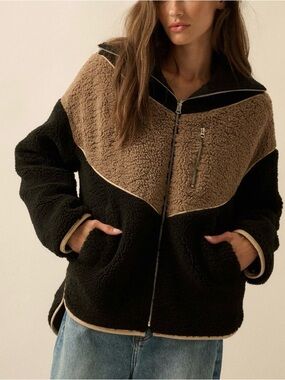 Promesa chevron colorblock fleece teddy fur Jacket in Black & Brown size L